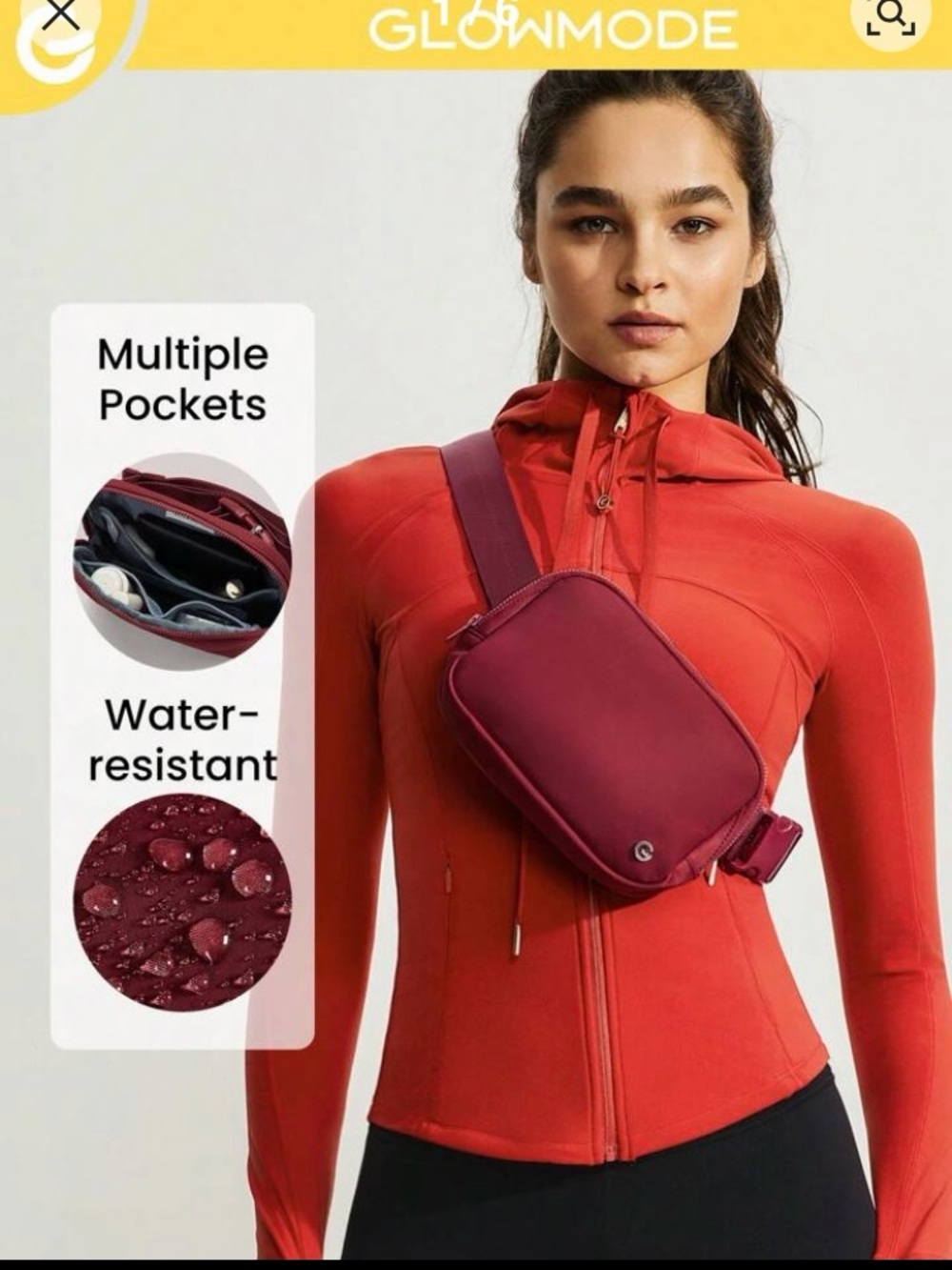 GLOWMODE 1L Zipper Everywhere Belt Bag Water Repellent Waist Crossbody Bag Red